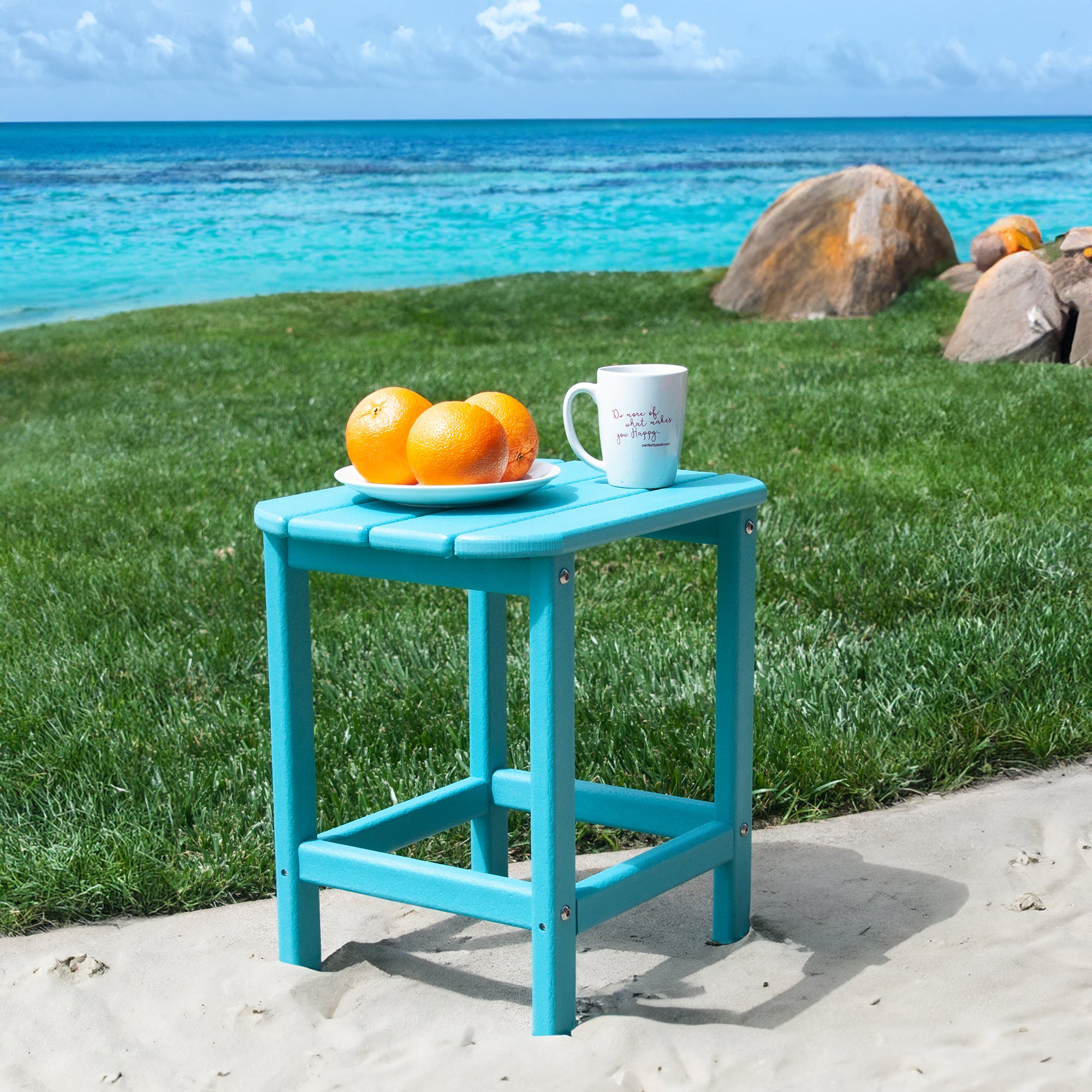 HDPE Compact Side Table, Perfect for Indoor/Outdoor Use, Ultra Durable Weather Resistant Design, Aqua Blue--1