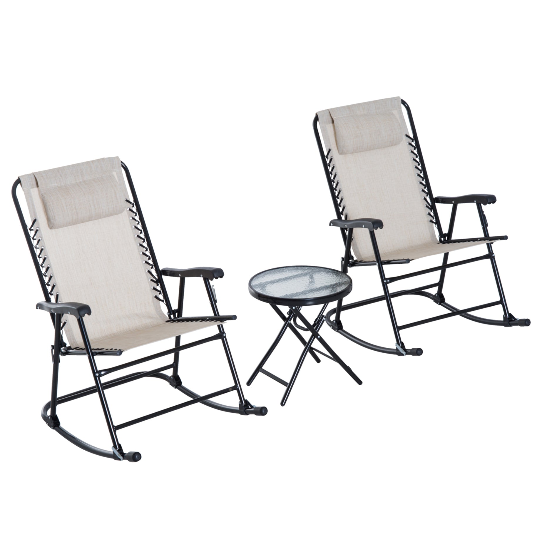 Outsunny 3 Piece Outdoor Rocking Chair Set, Patio Folding Lawn Rocker Set with Glass Coffee Table, Headrests for Yard, Patio, Deck, Backyard, Cream White--1