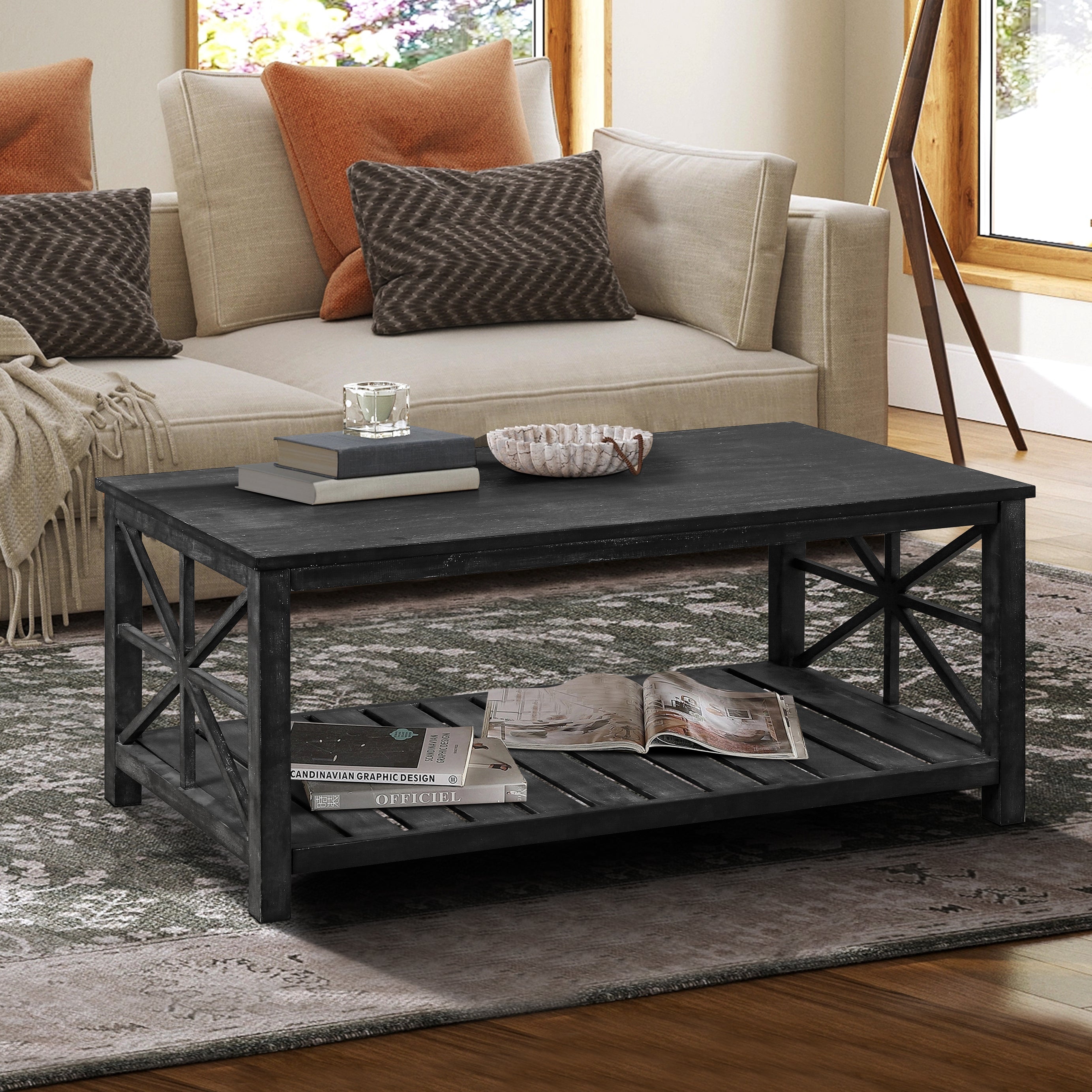 52''W  Handcrafted Coffee Table In Front Of The Sofa Or Loveseat For Living Room(Antique Black Color)--1