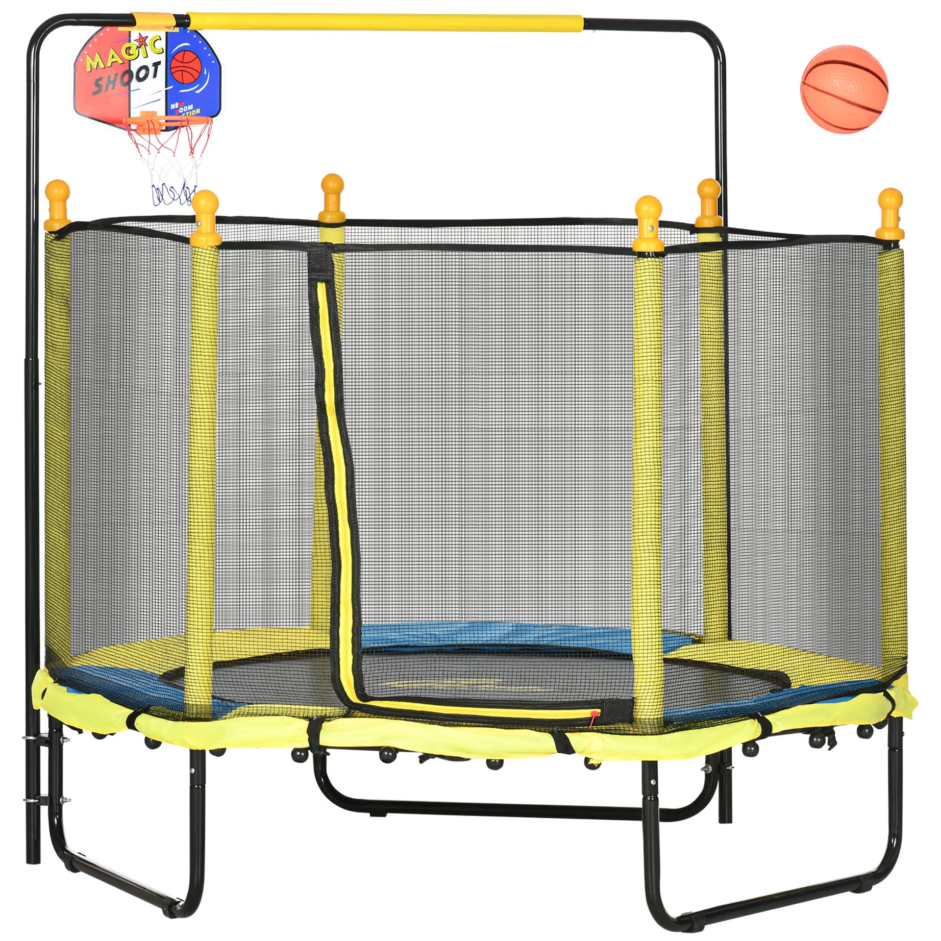 Qaba 4.6' Kids Trampoline with Basketball Hoop, Horizontal Bar, 55" Indoor Trampoline with Net, Small Springfree Trampoline Gifts for Kids Toys, Ages 3-10, Yellow--1