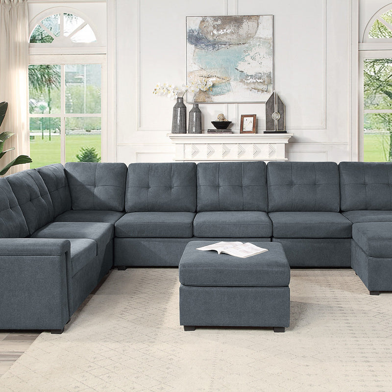 Isla 145" Gray Woven Fabric 9-Seater Sectional Sofa with Ottomans--1