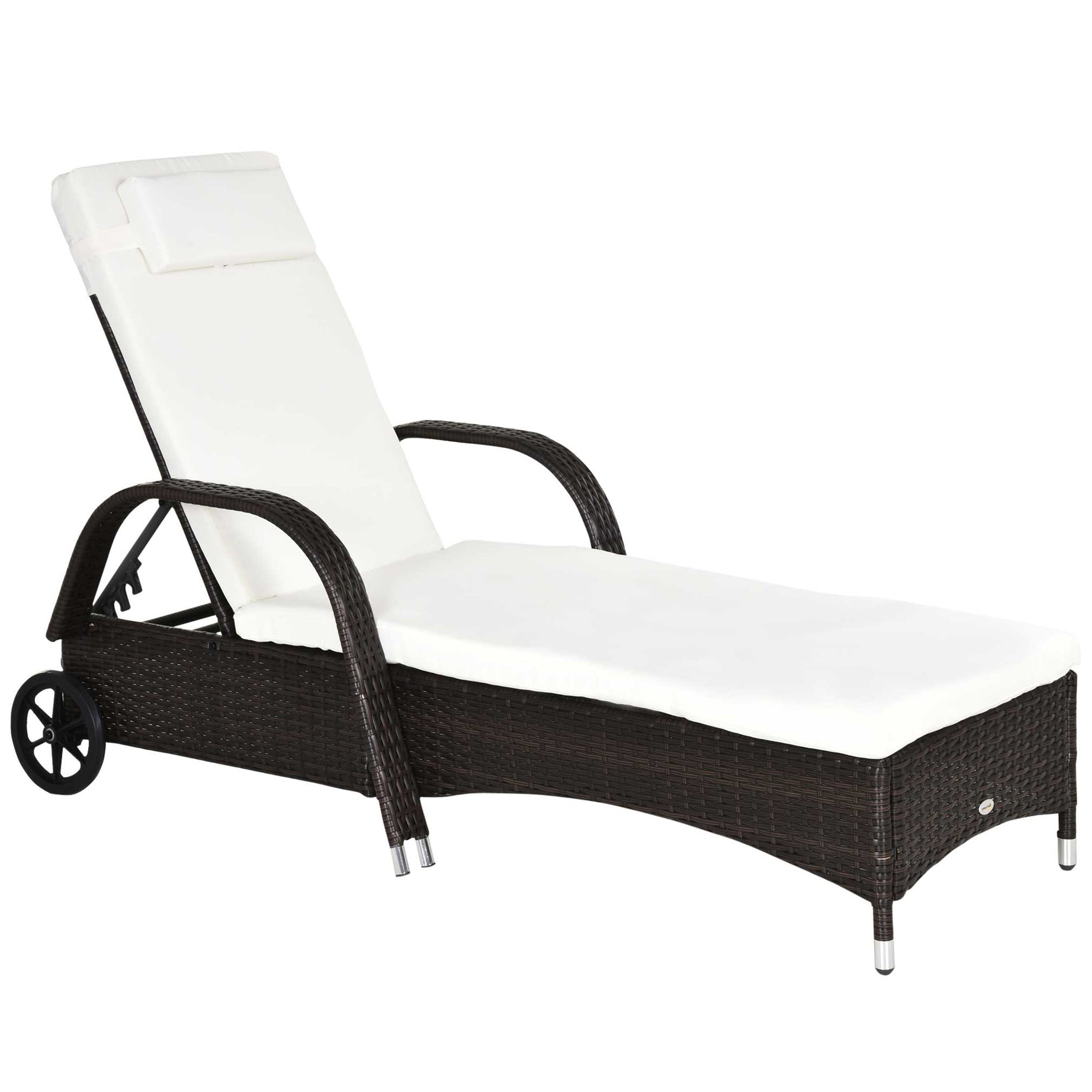 Outsunny Wicker Outdoor Chaise Lounge, 5-Level Adjustable Backrest PE Rattan Pool Lounge Chair with Wheels, Cushion & Headrest, Brown and Cream White--1