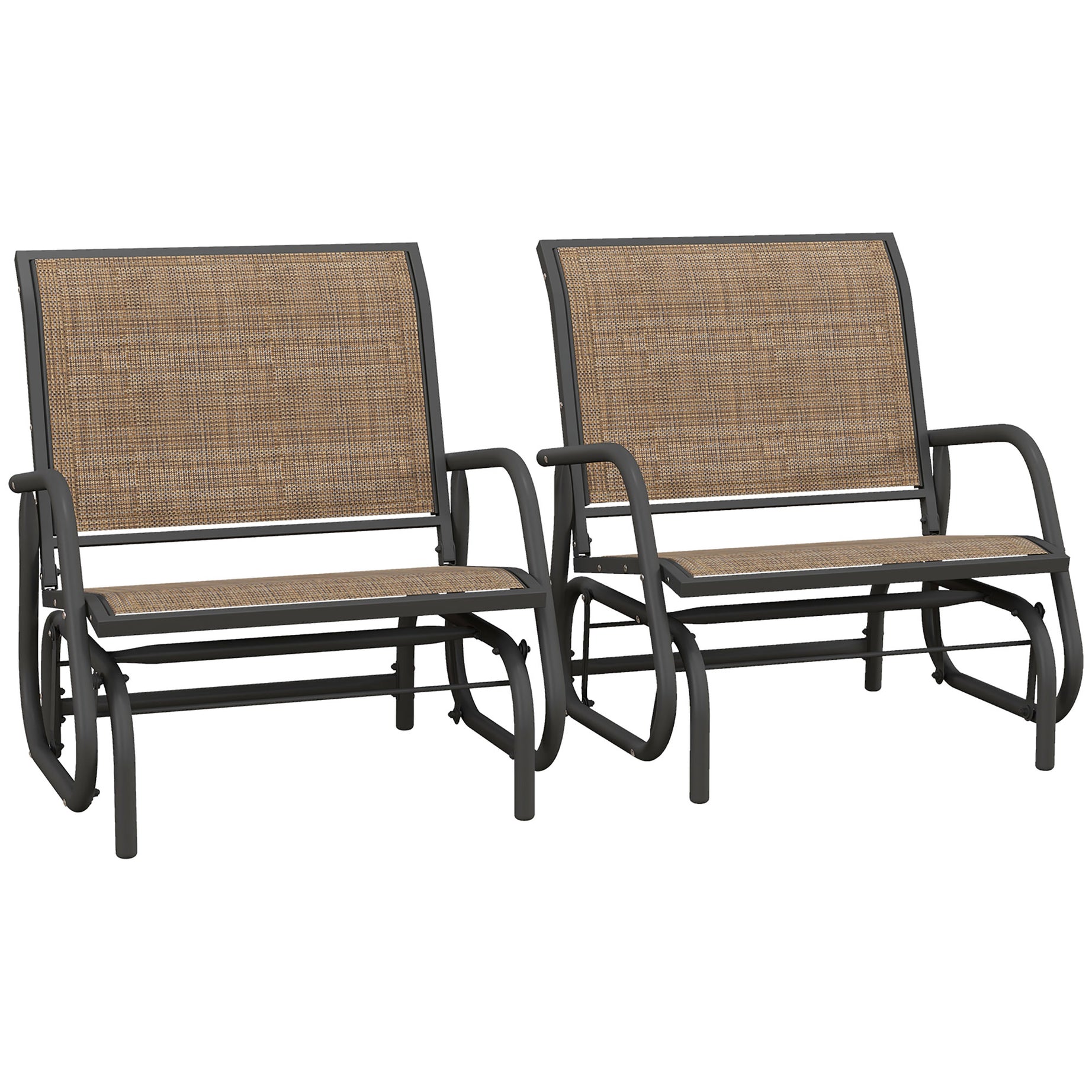 Outsunny Porch Glider Set of 2, Metal Frame Swing Glider Chairs with Breathable Mesh Fabric, Curved Armrests and Steel Frame for Garden, Poolside, Backyard, Balcony, Light Mixed Brown--1