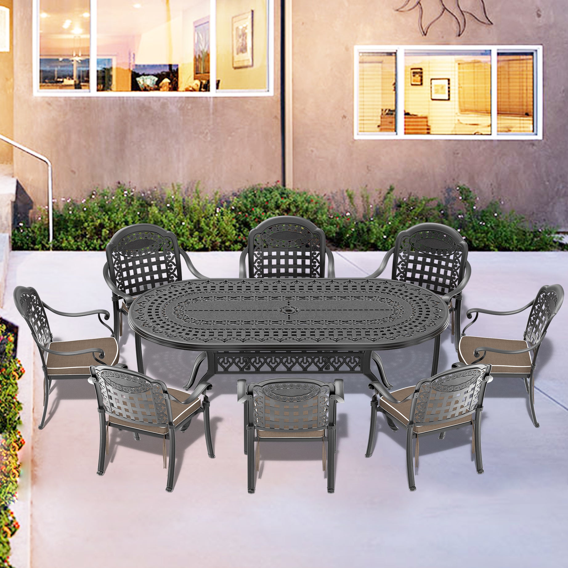 (Cushions In  Random Colors)9-Piece Set Of Cast Aluminum Patio Furniture With  Cushions--1