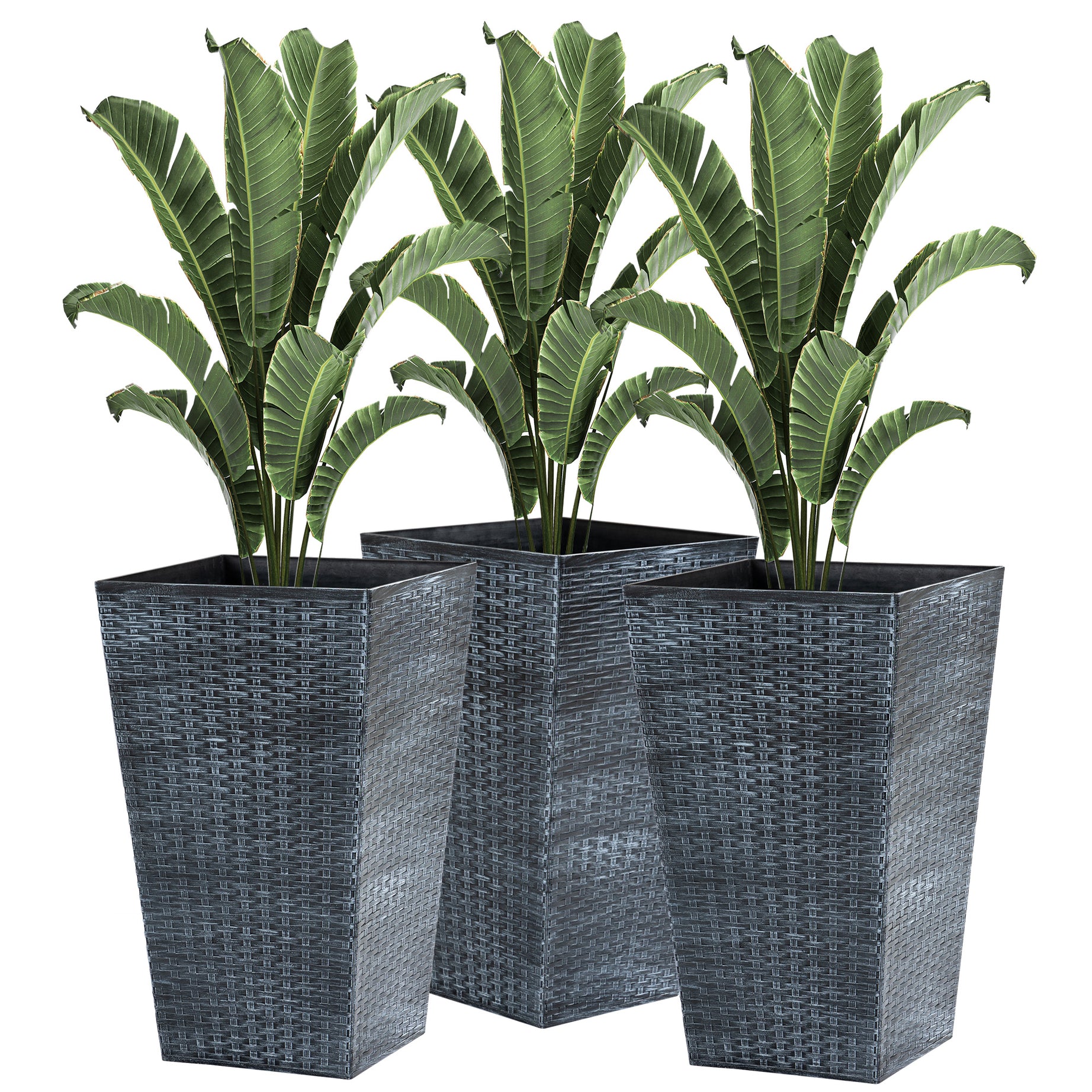 Outsunny Set of 3 Tall Planters with Drainage Hole, Outdoor Flower Pots, Indoor Planters for Porch, Front Door, Entryway, Patio and Deck, Gray--1