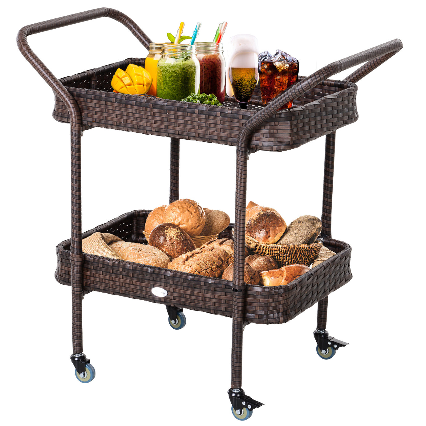 Outsunny Rattan Wicker Serving Cart with 2-Tier Open Shelf, Outdoor Wheeled Bar Cart with Brakes for Poolside, Garden, Patio--1