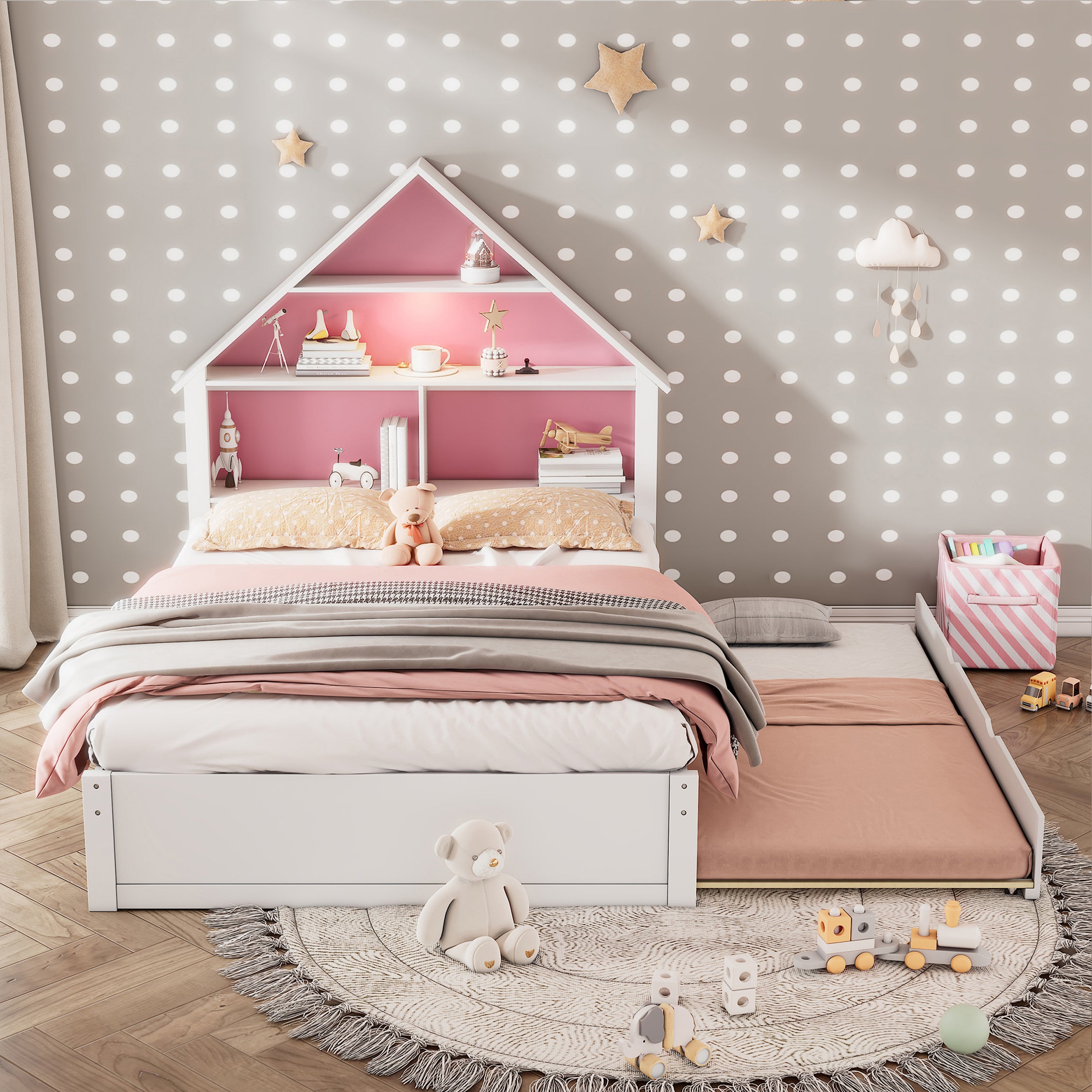 Full Size House-Shaped Bed with Bookcase Headboard and Led Light and Twin Size Trundle for Kids Boys Girls, Pink+ White--1