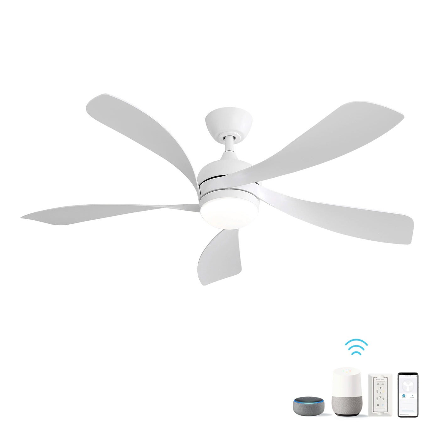 52 Inch Modern Ceiling Fan With 3 Color Dimmable Light 5 ABS Blades Smart Remote Control Reversible DC Motor White For Indoor--1