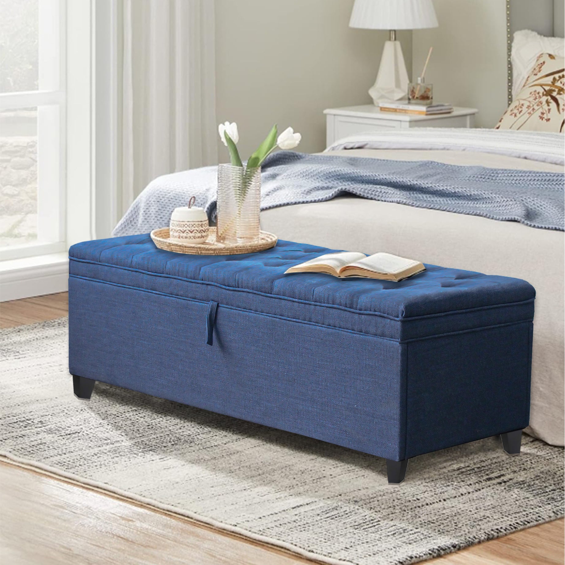 55.3 Inch Extra Long Storage Ottoman Entryway Bench with Flip Top Storage Chest with Padded Seat Bed End Stool for Hallway Living Room Bedroom, Blue Linen--1