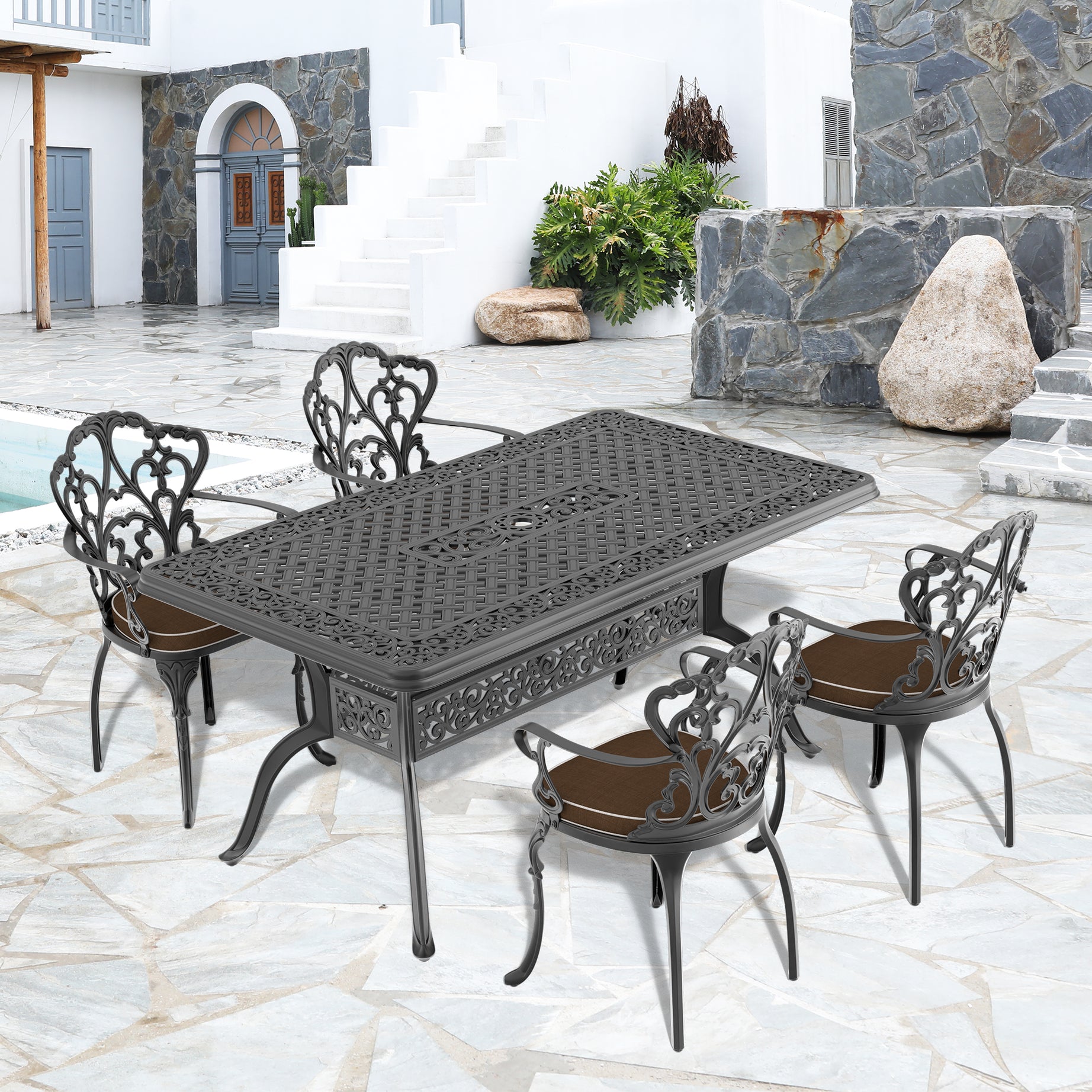 (Cushions In  Random Colors)5-Piece Set Of Cast Aluminum Patio Furniture With  Cushions--1