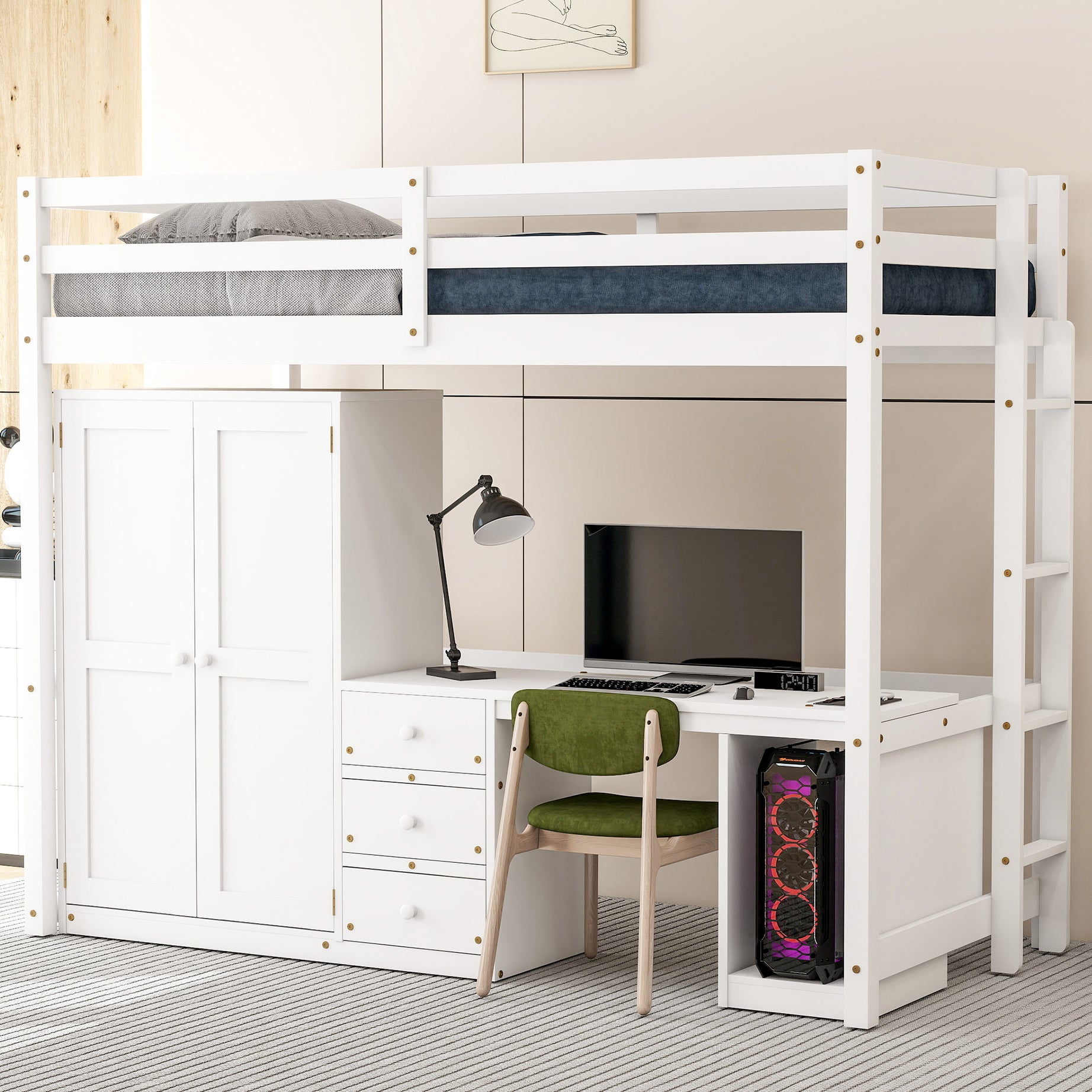 Twin Size Loft Bed with Wardrobe, Desk and Storage Drawers, White--1