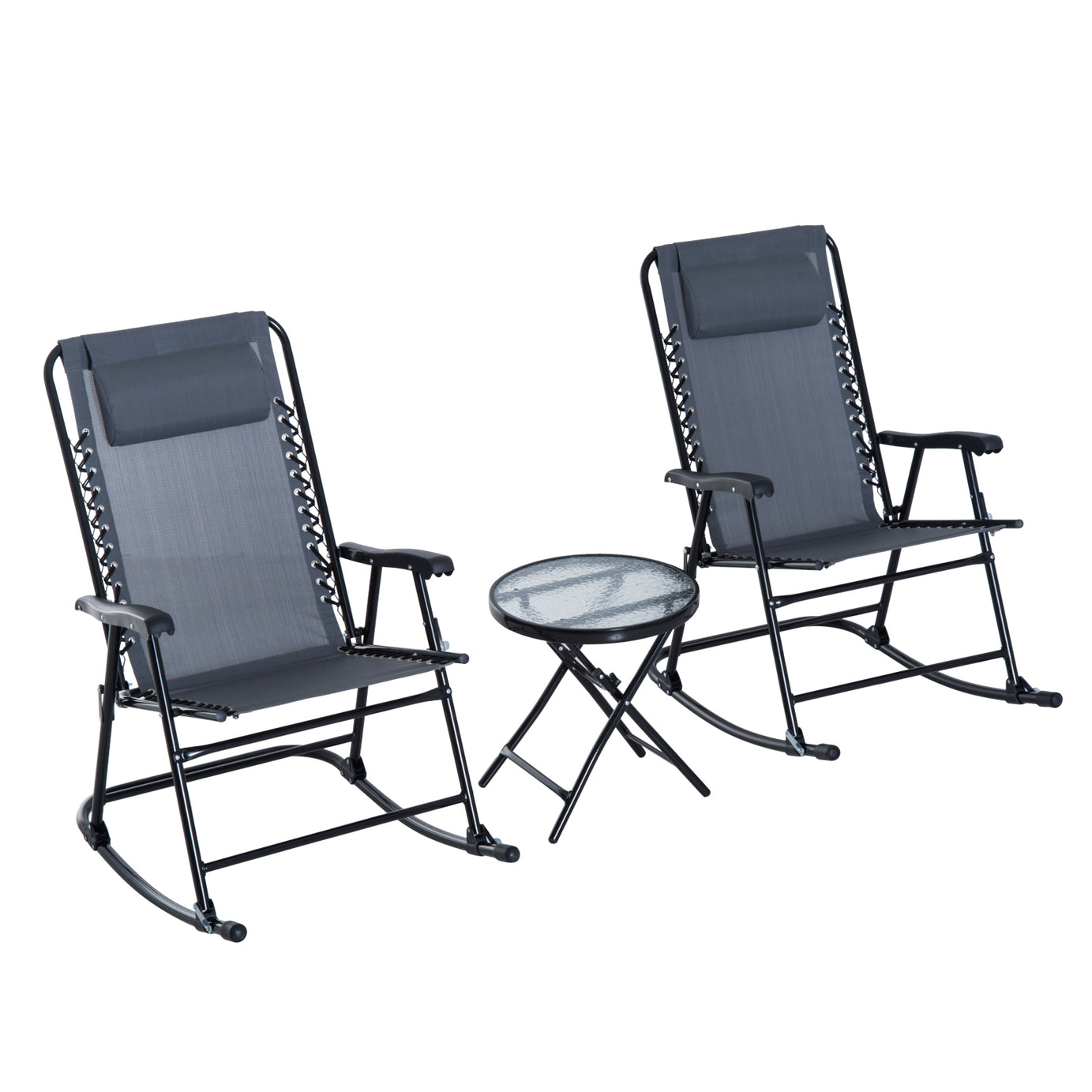 Outsunny 3 Piece Outdoor Rocking Bistro Set, Patio Folding Chair Table Set with Glass Coffee Table for Yard, Patio, Deck, Backyard, Grey--1