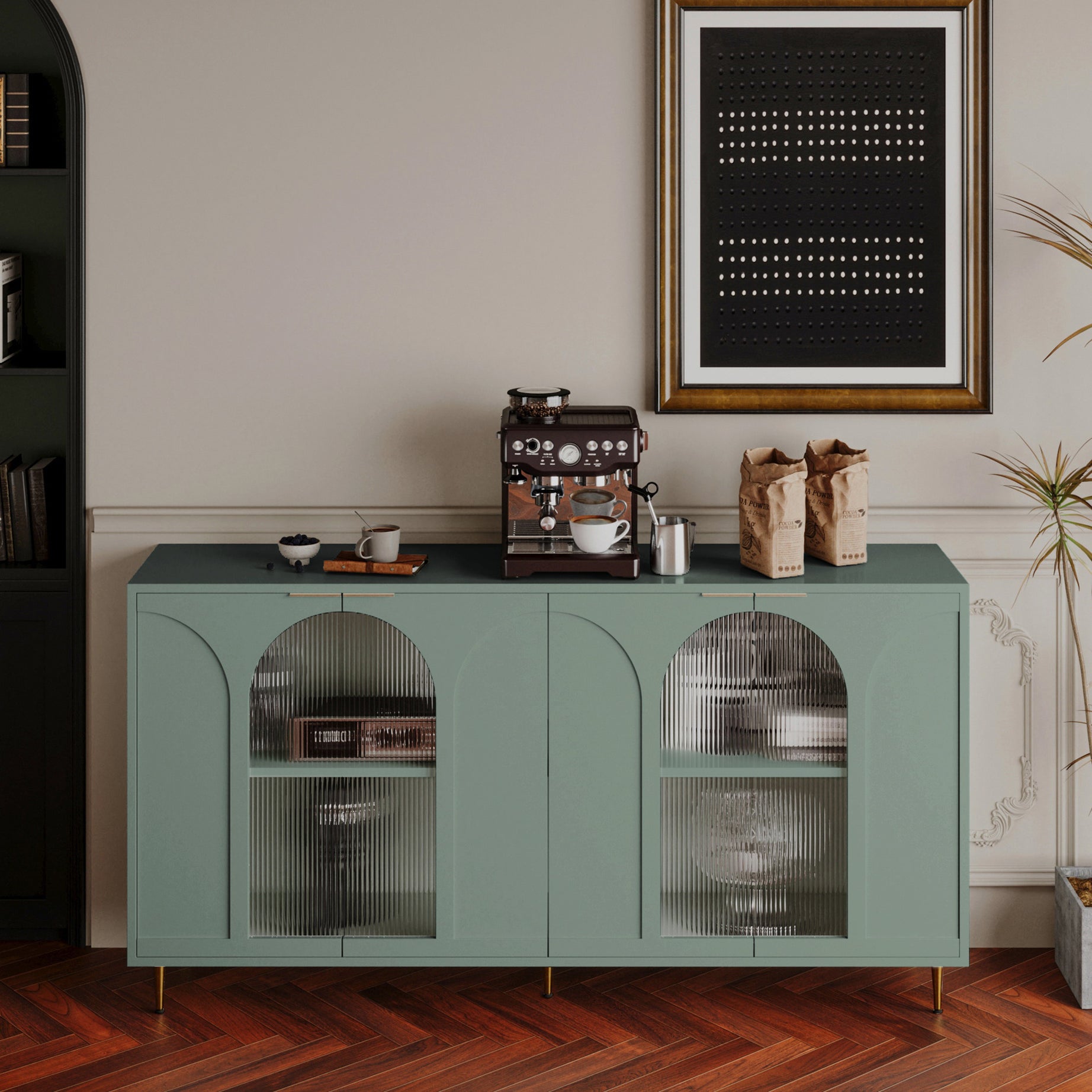 Accent Cabinet Lacquered Wooden Cabinet with 4 Glass Doors Sideboard Buffet Server Cabinet Storage Cabinet, for Living Room, Entryway, Hallway, Office, Kitchen and Dining Room, Mint Green--1