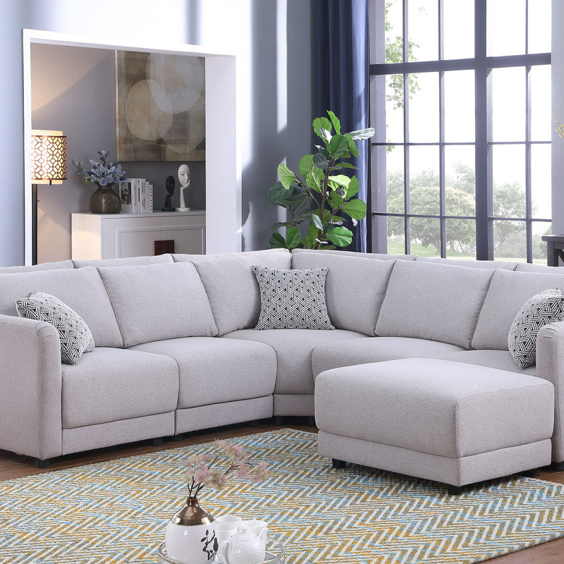 Penelope 94.5" Light Gray Linen Fabric Reversible L-Shape Sectional Sofa with Ottoman and Pillows--1