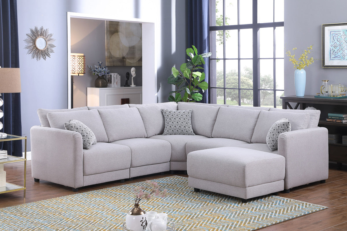 Penelope 94.5" Light Gray Linen Fabric Reversible L-Shape Sectional Sofa with Ottoman and Pillows--1