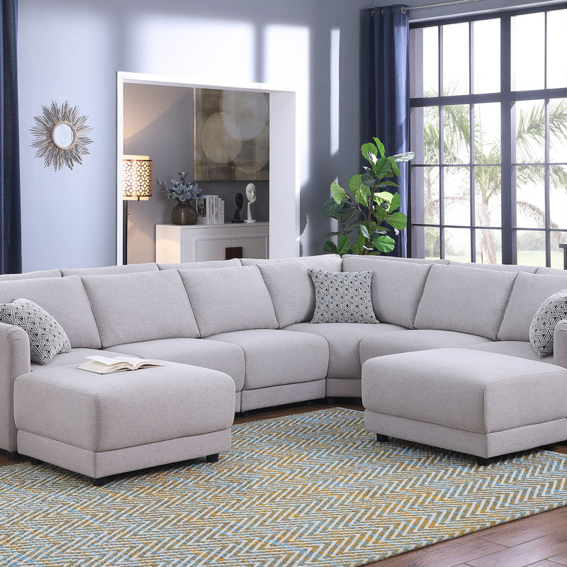 Penelope 120" Light Gray Linen Fabric Reversible 8PC Modular Sectional Sofa with Ottomans and Pillows--1