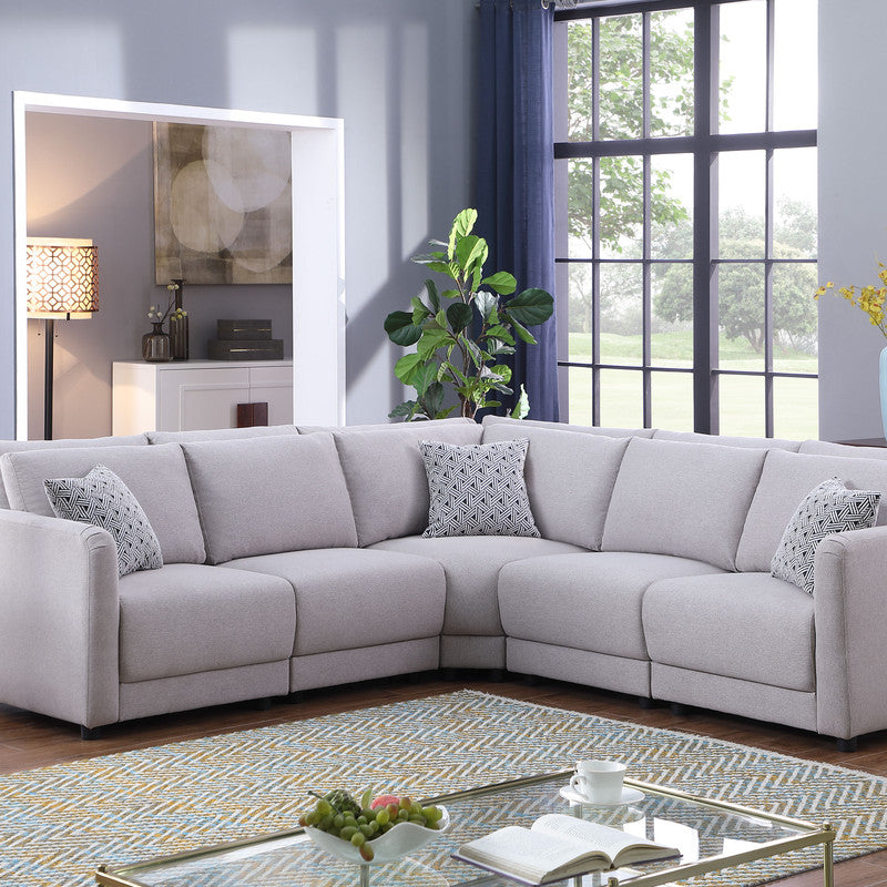 Penelope Light Gray Linen Fabric Reversible L-Shape Sectional Sofa with Pillows--1