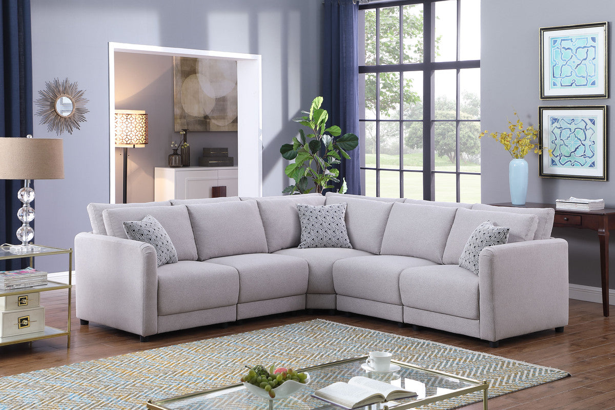 Penelope Light Gray Linen Fabric Reversible L-Shape Sectional Sofa with Pillows--1