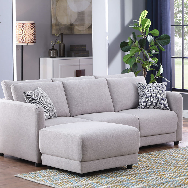 Penelope 85.5" Light Gray Linen Fabric Sofa with Ottoman and Pillows--1