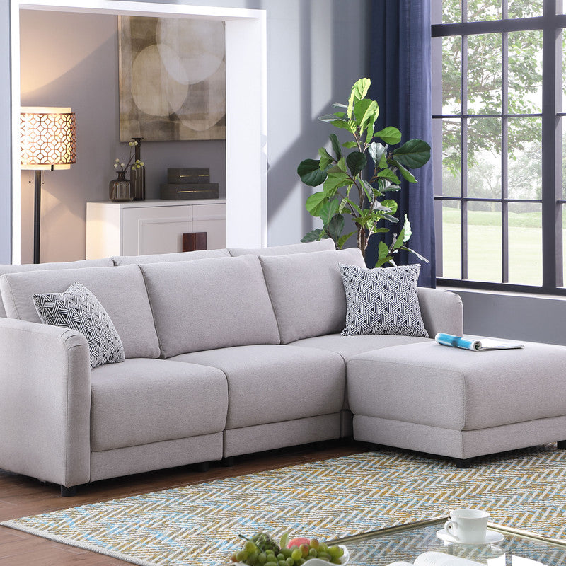 Penelope 85.5" Light Gray Linen Fabric Sofa with Ottoman and Pillows--1