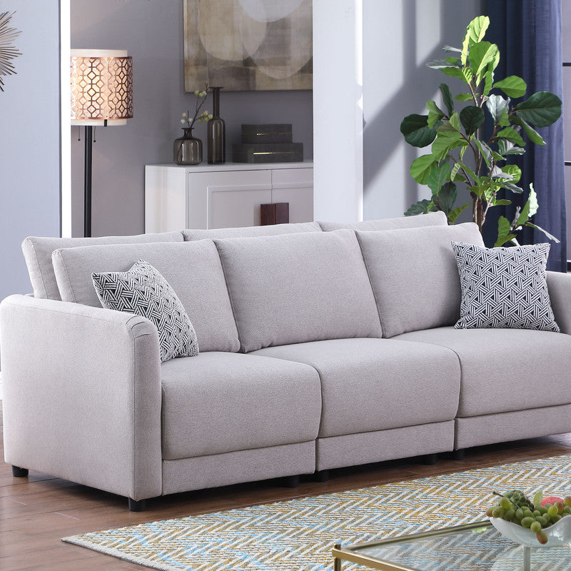 Penelope 85.5" Light Gray Linen Fabric Sofa with Pillows--1