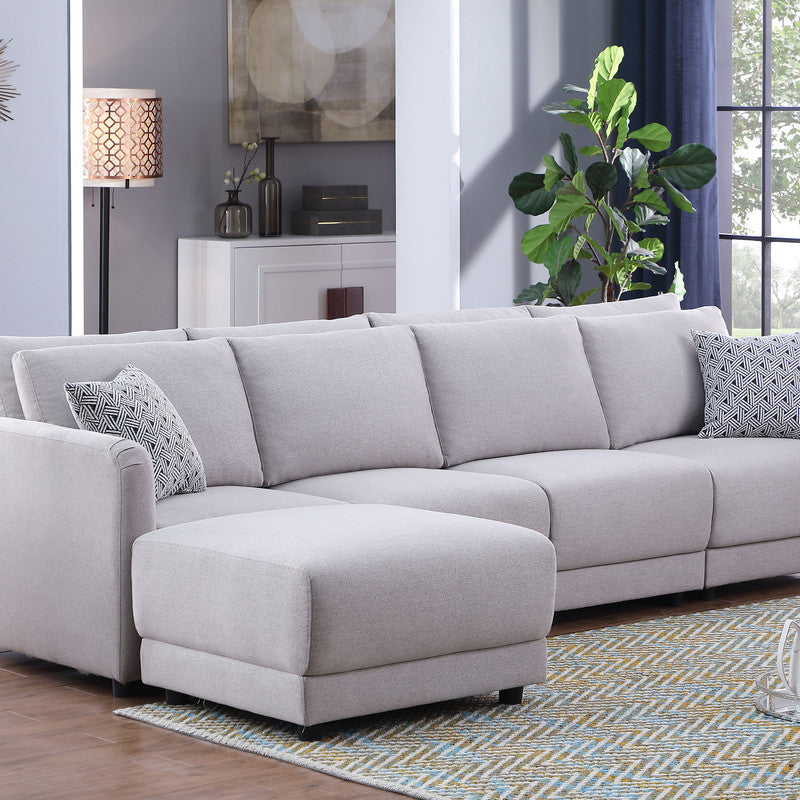 Penelope 111" Light Gray Linen Fabric 4-Seater Sofa with Ottoman and Pillows--1