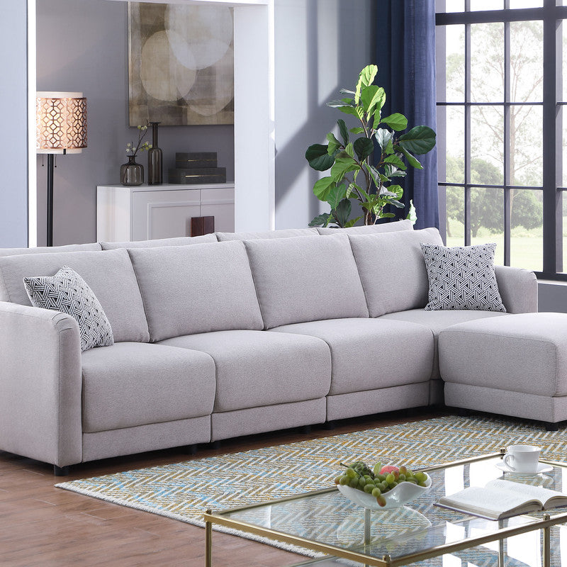 Penelope 111" Light Gray Linen Fabric 4-Seater Sofa with Ottoman and Pillows--1