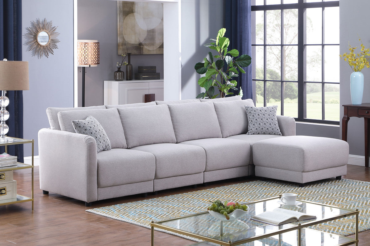 Penelope 111" Light Gray Linen Fabric 4-Seater Sofa with Ottoman and Pillows--1