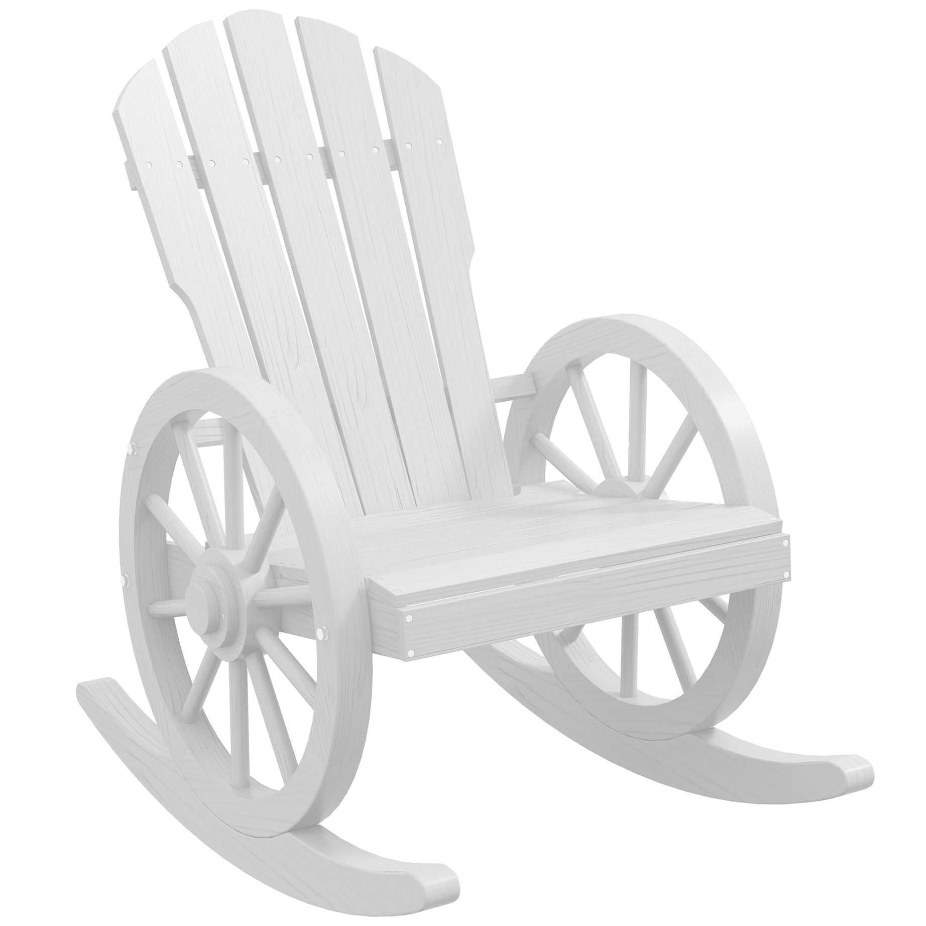 Outsunny Wooden Rocking Chair, Adirondack Rocker Chair w/ Slatted Design and Oversized Back, Outdoor Rocking Chair with Wagon Wheel Armrest for Porch, Poolside, and Garden, White--1