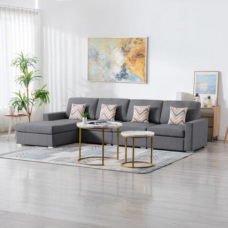 Nolan 124" Gray Linen Fabric 4Pc Reversible Sectional Sofa Chaise with Pillows and Interchangeable Legs--1