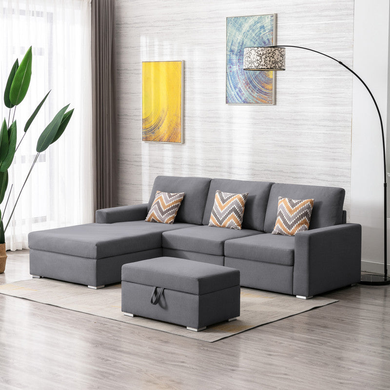 Nolan 95.5" Gray Linen Fabric 4Pc Reversible Sofa Chaise with Interchangeable Legs, Storage Ottoman, and Pillows--1