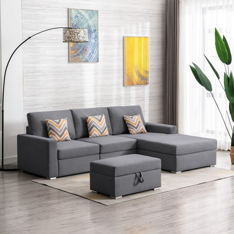 Nolan 95.5" Gray Linen Fabric 4Pc Reversible Sofa Chaise with Interchangeable Legs, Storage Ottoman, and Pillows--1