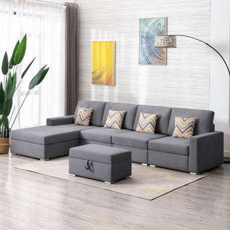 Nolan 124" Gray Linen Fabric 5Pc Reversible Sofa Chaise with Interchangeable Legs, Storage Ottoman, and Pillows--1