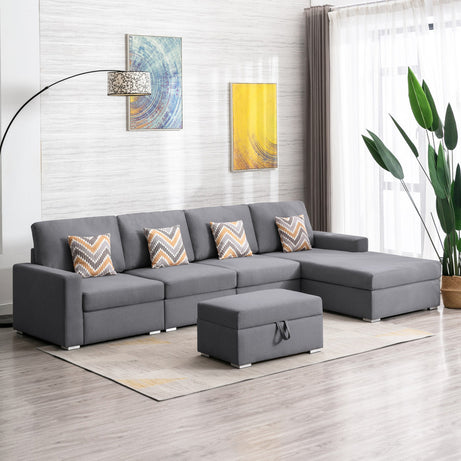 Nolan 124" Gray Linen Fabric 5Pc Reversible Sofa Chaise with Interchangeable Legs, Storage Ottoman, and Pillows--1