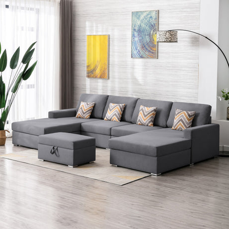 Nolan 124" Gray Linen Fabric 5Pc Double Chaise Sectional Sofa with Interchangeable Legs, Storage Ottoman, and Pillows--1