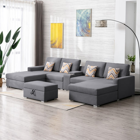 Nolan 135" Gray Linen Fabric 6Pc Double Chaise Sectional Sofa with Interchangeable Legs, Storage Ottoman, Pillows, and a USB, Charging Ports, Cupholders, Storage Console Table--1