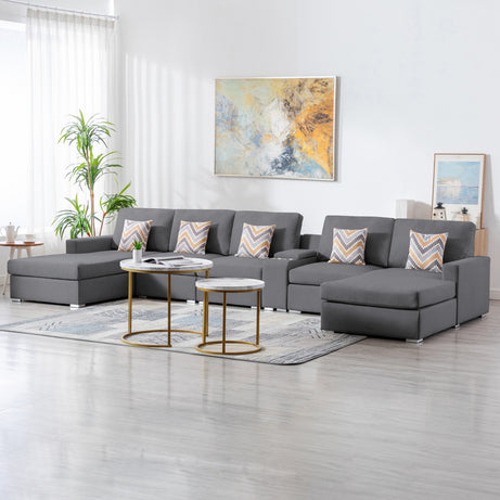 Nolan 163" Gray Linen Fabric 6Pc Double Chaise Sectional Sofa with Interchangeable Legs, a USB, Charging Ports, Cupholders, Storage Console Table and Pillows--1