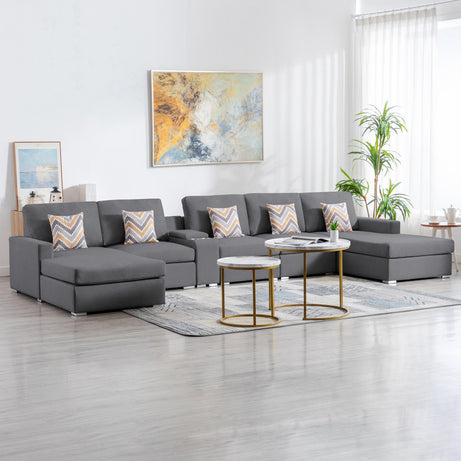 Nolan 163" Gray Linen Fabric 6Pc Double Chaise Sectional Sofa with Interchangeable Legs, a USB, Charging Ports, Cupholders, Storage Console Table and Pillows--1