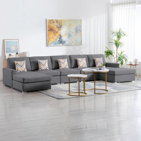 Nolan 152" Gray Linen Fabric 5Pc Double Chaise Sectional Sofa with Pillows and Interchangeable Legs--1