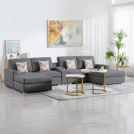 Nolan 135" Gray Linen Fabric 5Pc Double Chaise Sectional Sofa with Interchangeable Legs, a USB, Charging Ports, Cupholders, Storage Console Table and Pillows--1