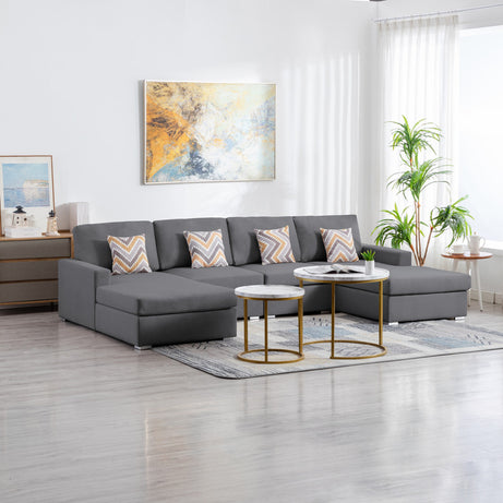 Nolan 124" Gray Linen Fabric 4Pc Double Chaise Sectional Sofa with Pillows and Interchangeable Legs--1