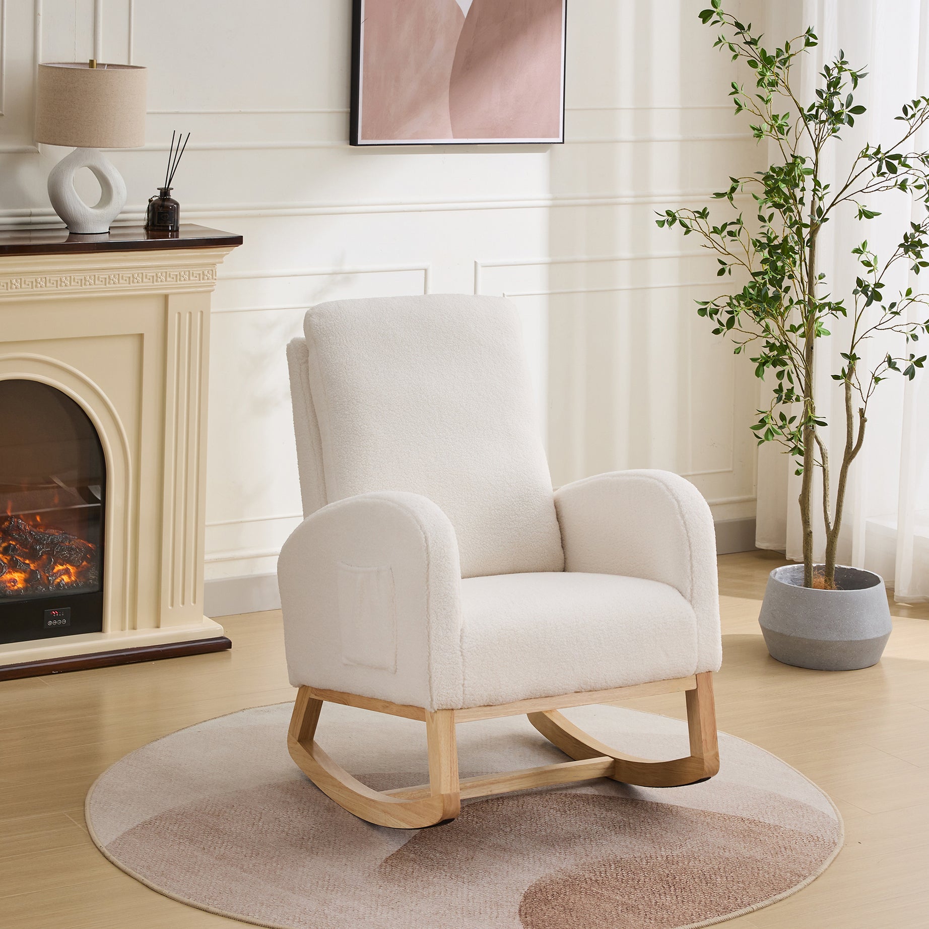 27.2"W Rocking Chair for Nursery, Sherpa Glider Chair with High Back and Side Pocket, Rocking Accent Armchair with Rubber Wood Legs for Living Room/Bedroom.Ivory--1