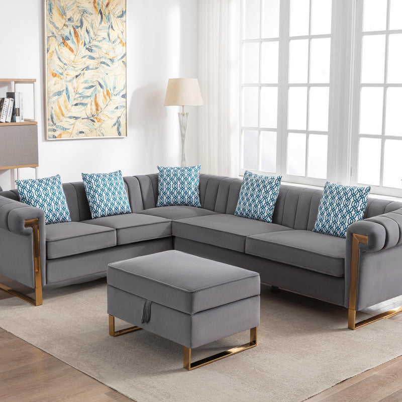 Maddie 109" Gray Velvet 6-Seater Sectional Sofa with Storage Ottoman--1