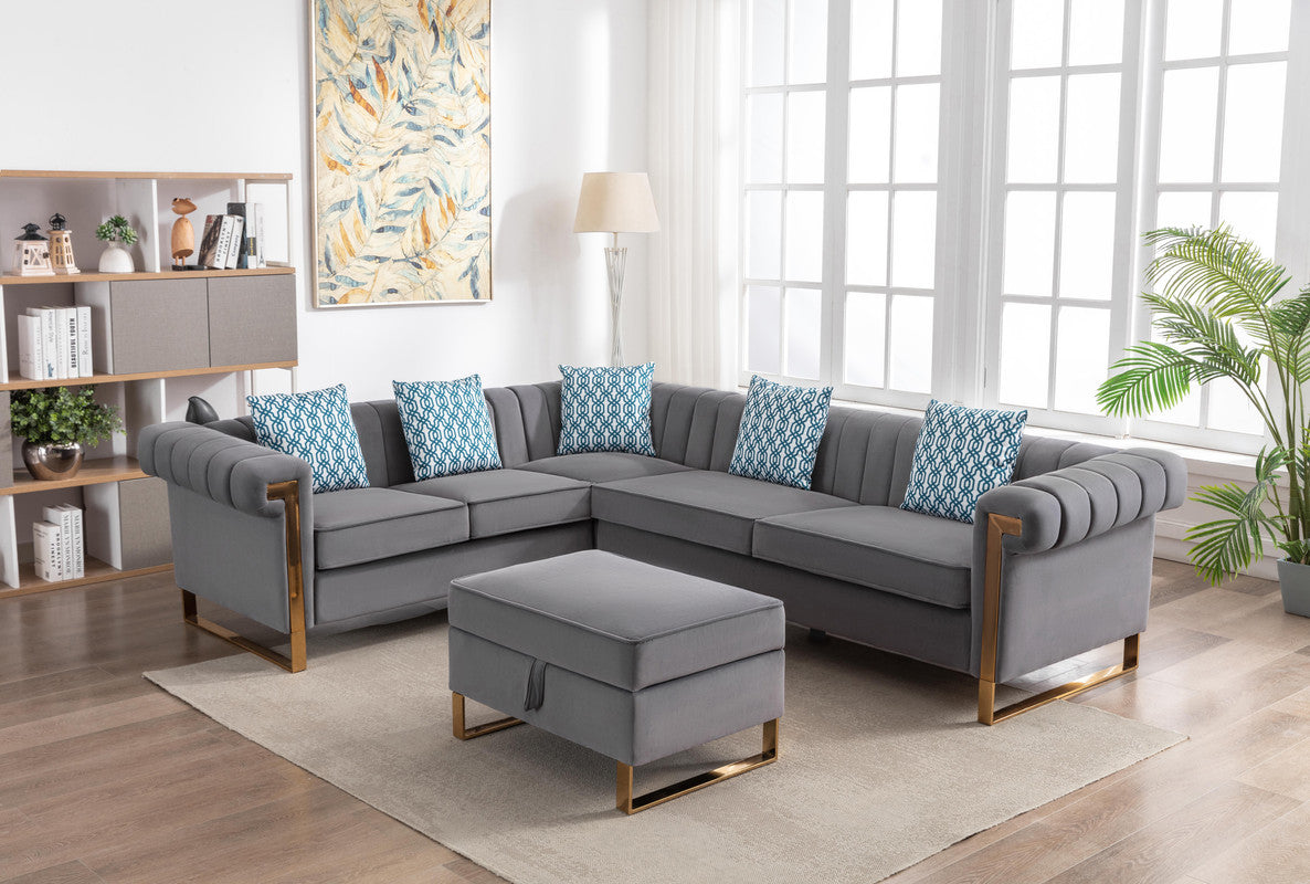 Maddie 109" Gray Velvet 6-Seater Sectional Sofa with Storage Ottoman--1