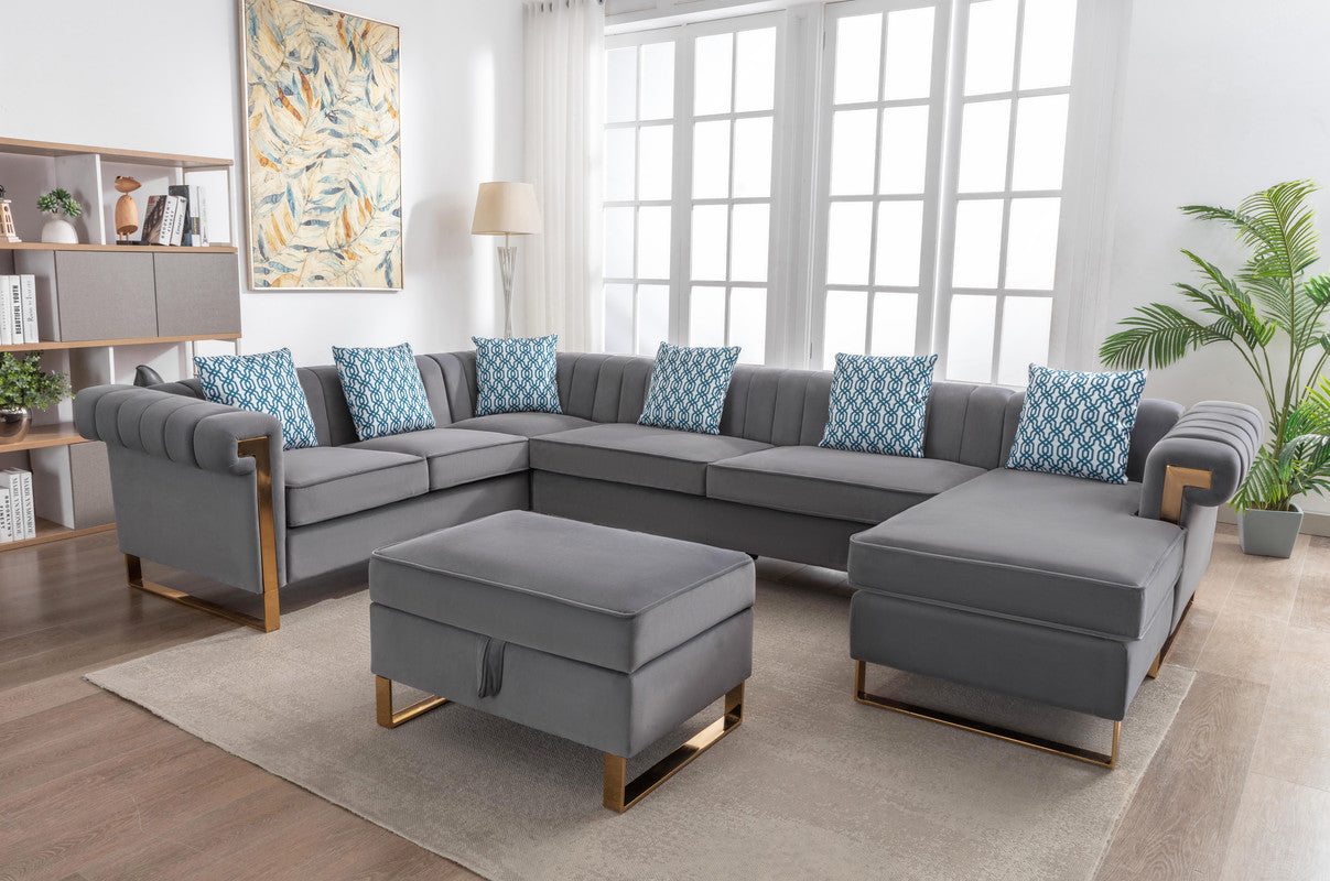 Maddie 130.5" Gray Velvet 7-Seater Sectional Sofa with Reversible Chaise and Storage Ottoman--1