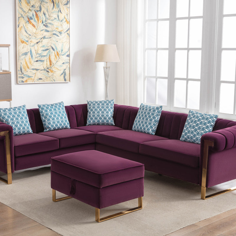 Maddie 109" Purple Velvet 6-Seater Sectional Sofa with Storage Ottoman--1