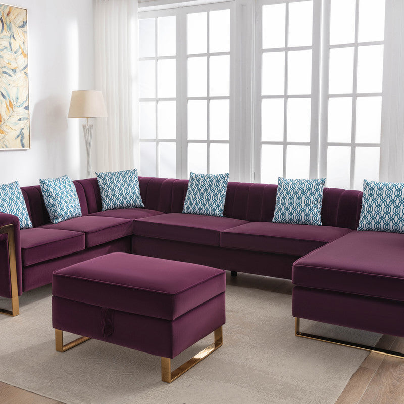 Maddie 130.5" Purple Velvet 7-Seater Sectional Sofa with Reversible Chaise and Storage Ottoman--1