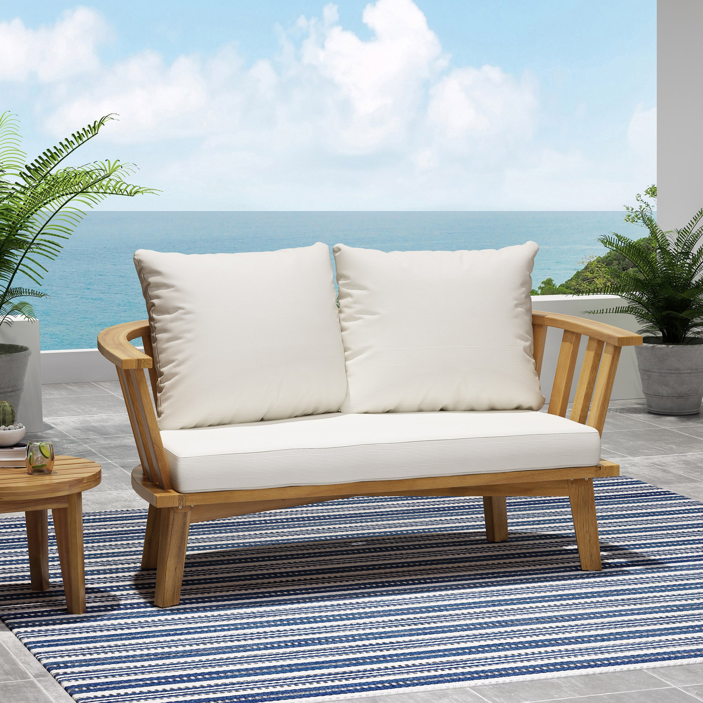 Outdoor Wooden Loveseat with Cushions - White/Teak - 55.50" W x 27.00" D x 25.50" H--1