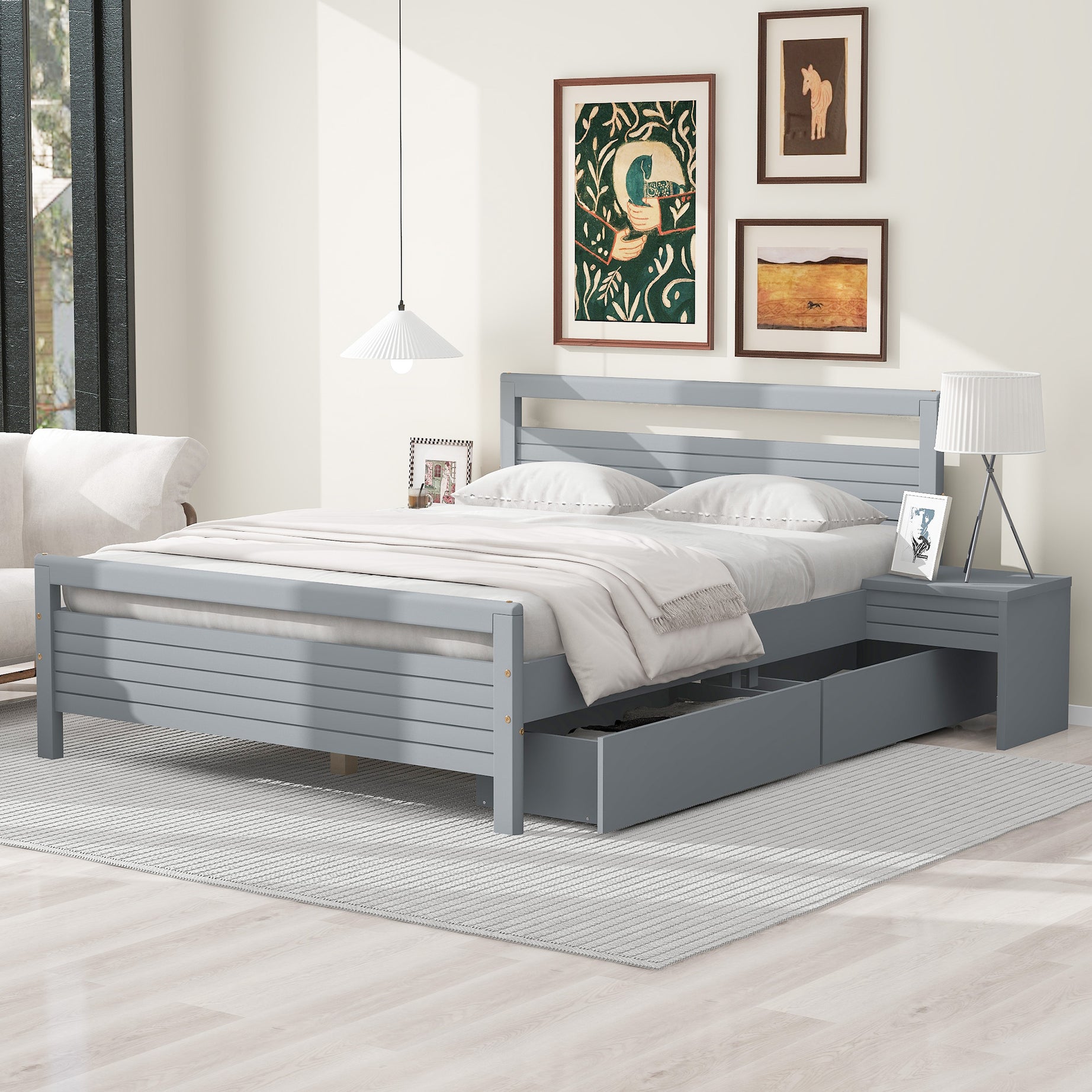 Queen Size Wooden Platform Bed with 2 Storage Drawers and 2 bedside tables, Gray--1