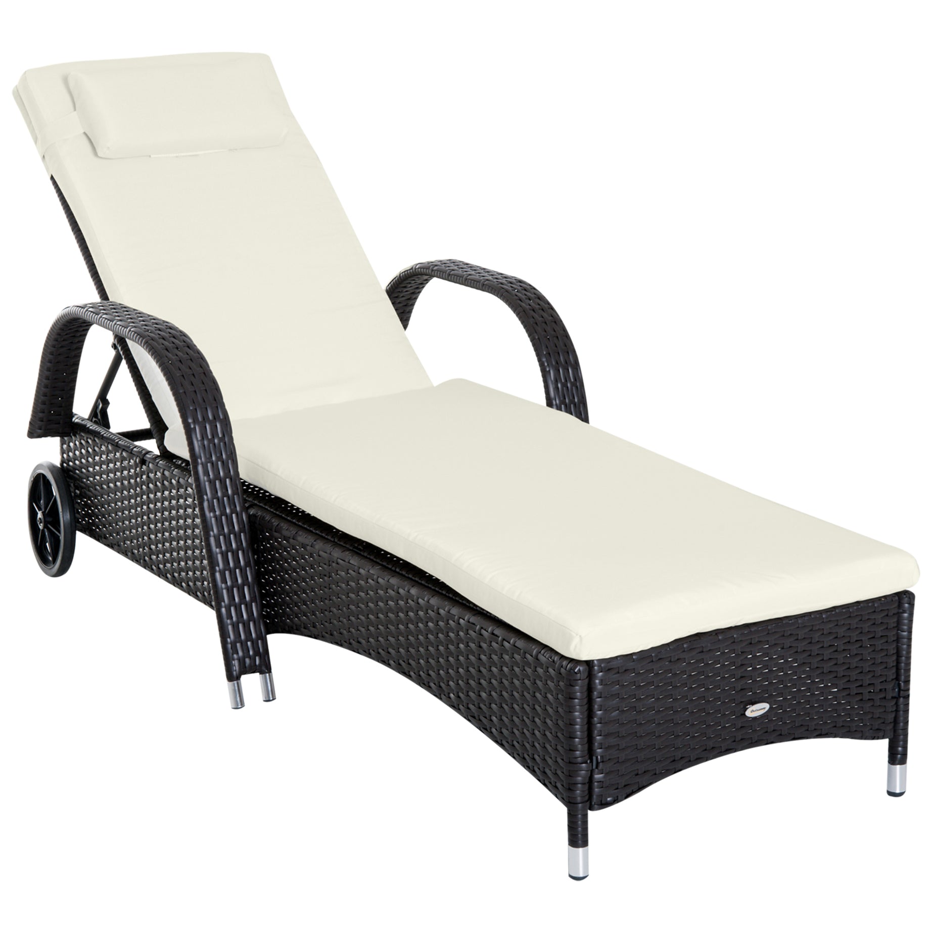 Outsunny Wicker Outdoor Chaise Lounge, 5-Level Adjustable Backrest PE Rattan Pool Lounge Chair with Wheels, Cushion & Headrest, Dark Coffee and Cream White--1